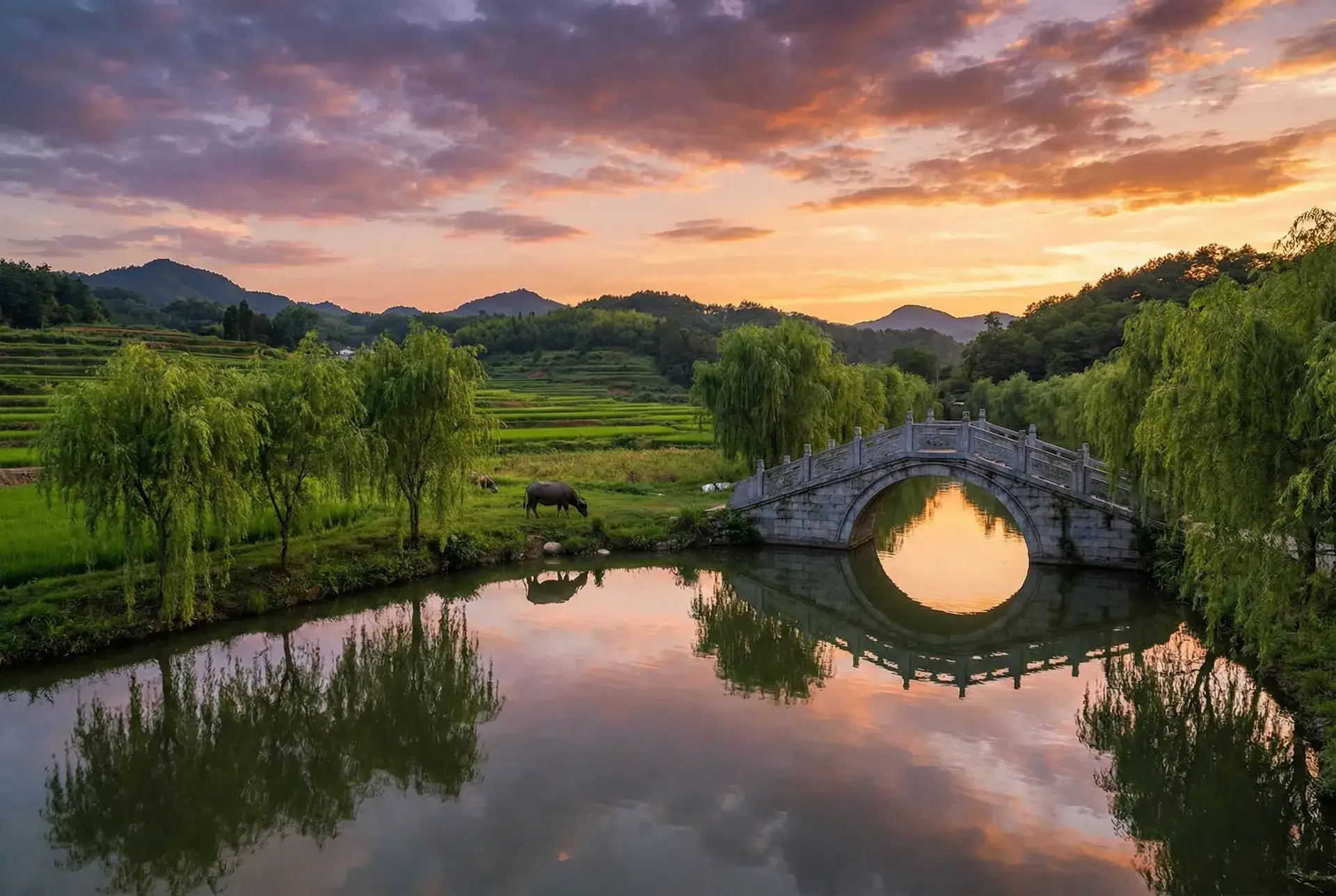 夕阳下的石拱桥与垂柳，水牛在河边吃草 - 妻子结婚了 乡村美景